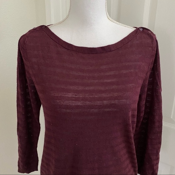 Loft Maroon 3/4 Sleeve Shoulder Button Burn Out Stripes Sweater Sz Med - Picture 2 of 6